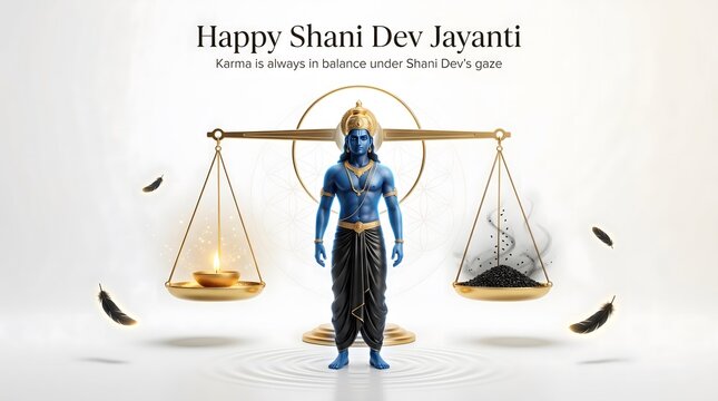 Divine justice embodied blue deity standing between scales of karma and divine light on shani dev