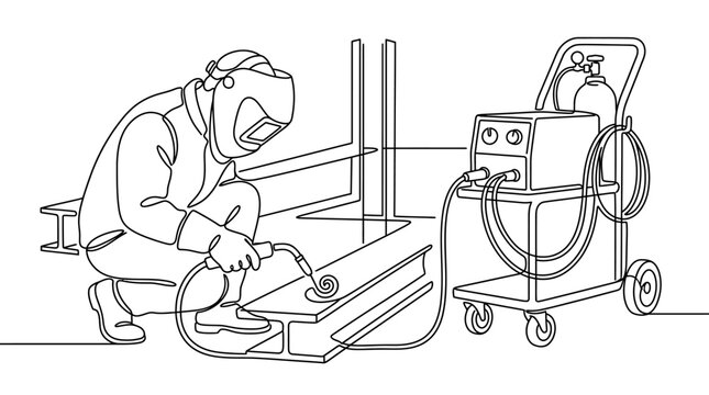 Continuous one line drawing of a welder wearing a protective mask working on metal construction.