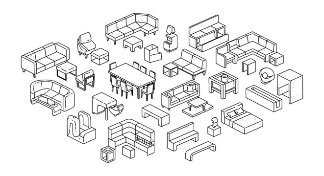 collection of isometric furniture and architectural elements in line art style