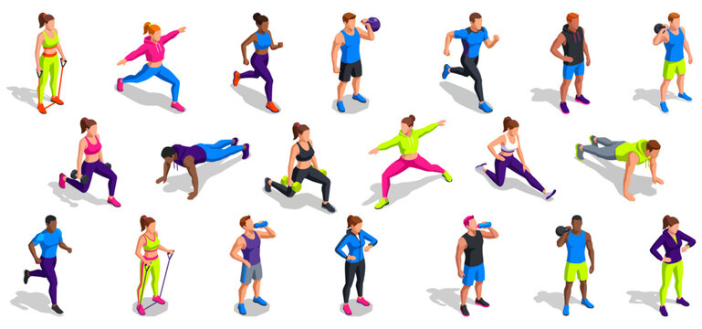 Fitness and gym goers characters | healthy active lifestyle workout team | diverse isometric flat vector illustration set
