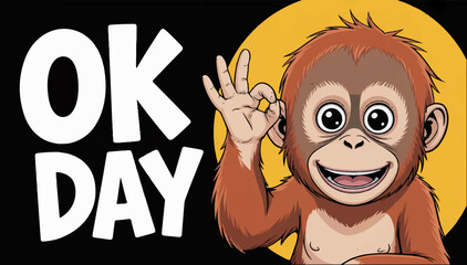 Vector illustration of a baby orangutan with a big smile, making an approving gesture. Anime style and bold white text OK DAY. © Dzianis