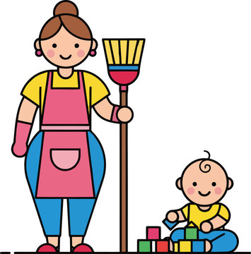 Mother or cleaning lady holding a broom while baby plays with blocks, flat monoline vector illustration of housework and childcare.
