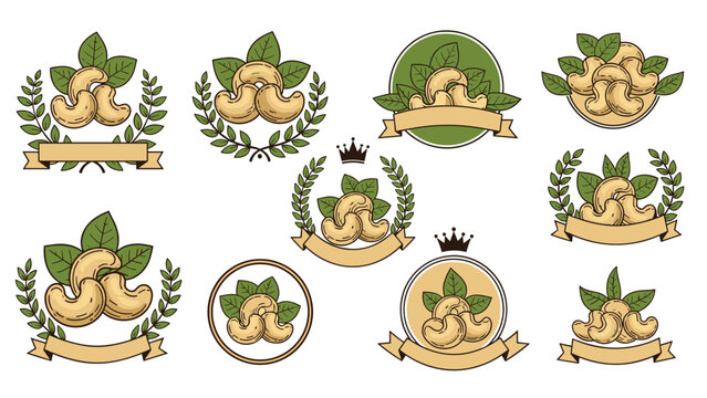 Collection of various cashew nut logos with leaves wreaths and ribbons for healthy snack and organic food branding.