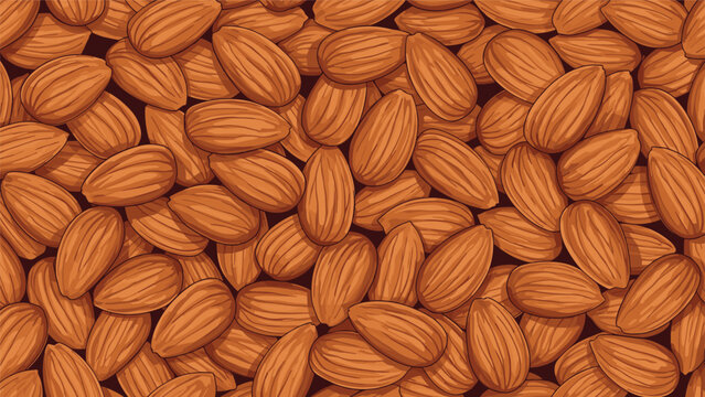 Seamless background pattern of numerous whole almond nuts for food industry packaging and organic texture designs.