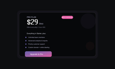 Naklejka premium Pricing plan, subscription upgrade, pro plan offer, $29 monthly fee, business template