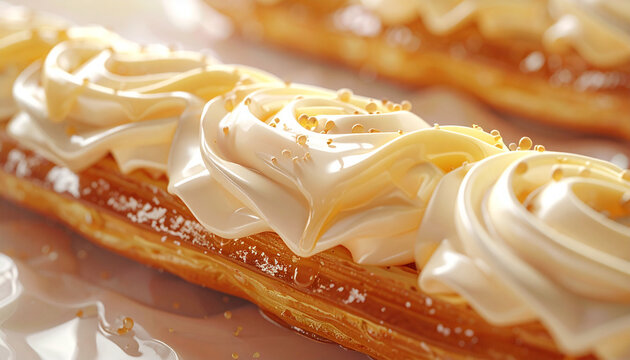 Extreme macro view of glossy eclair cream filling