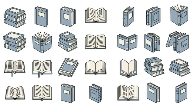 Comprehensive set of book icons featuring open closed stacked and single volumes for library and education themes.