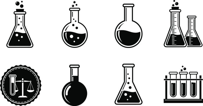 Chemistry laboratory glassware icon collection with flasks test tubes and scientific symbols vector illustration set