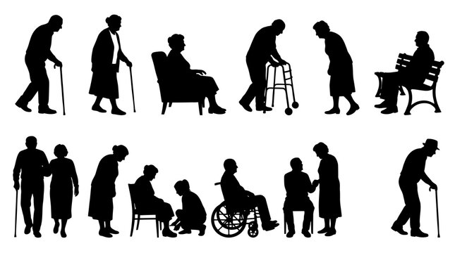 Elderly Care  Senior Lifestyle Black Silhouette Vector Illustration Collection