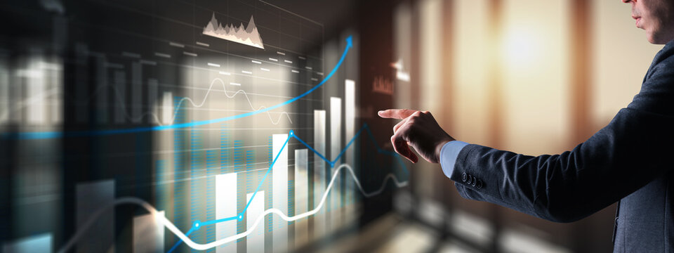 3D charts with up arrows, business panel on virtual screen