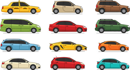 Colorful Car Vector Illustration Set Featuring Various Car Models in Different Colors and Styles for Automotive and Transportation Design. © Rafika