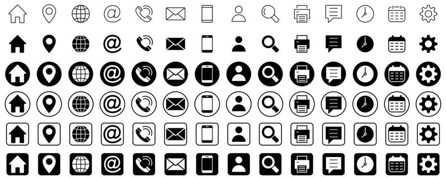 Set of signs and symbols for web design. Large set of web icons for contacts, navigation, messages, and settings in black and white colors. Vector illustration.