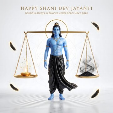 Revered shani dev stands with scales of justice symbolizing karma and divine balance amidst floating