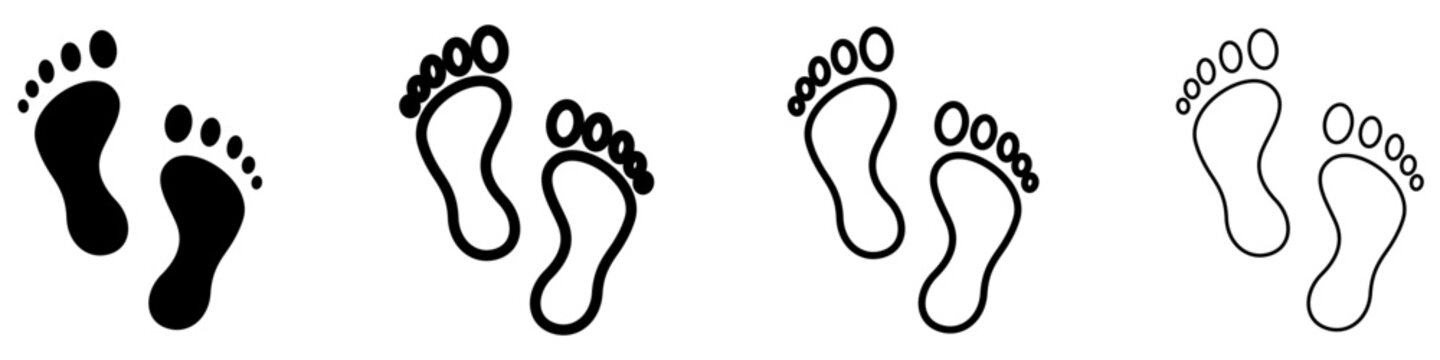 Set of icons with a pair of footprint silhouettes. Graphic elements with different line weights, symbolizing human steps or a walk.