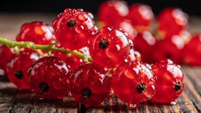 Closeup Macro Shot of Fresh Red Currants on a Wooden Surface.