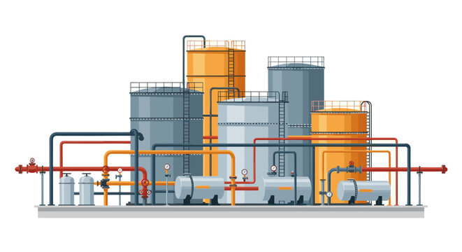 Industrial plant with tanks and pipelines, clean flat vector factory illustration