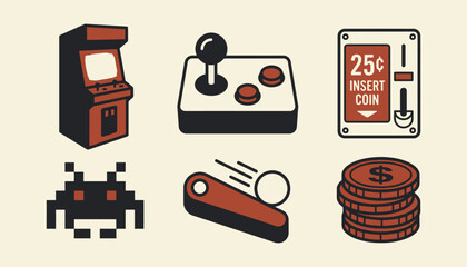Retro arcade gaming icons set featuring vintage cabinet and joystick for digital entertainment © Ghaghah24