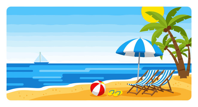 Summer beach vacation scene, colorful flat vector illustration