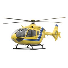 Fototapeta premium Helicopter with yellow and blue colors parked on a helipad in a city setting during daylight
