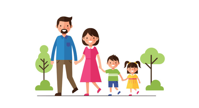 Happy family walking with baby stroller, cute flat vector illustration