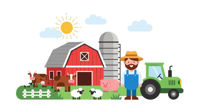 Farm with barn, tractor and animals, colorful flat vector countryside illustration