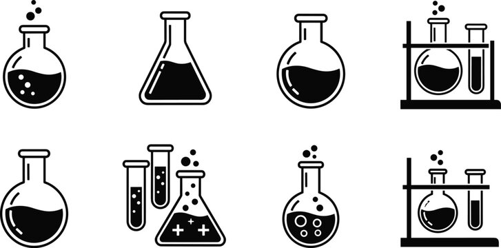 Chemistry laboratory glassware icon set with flasks test tubes and rack equipment vector illustration isolated