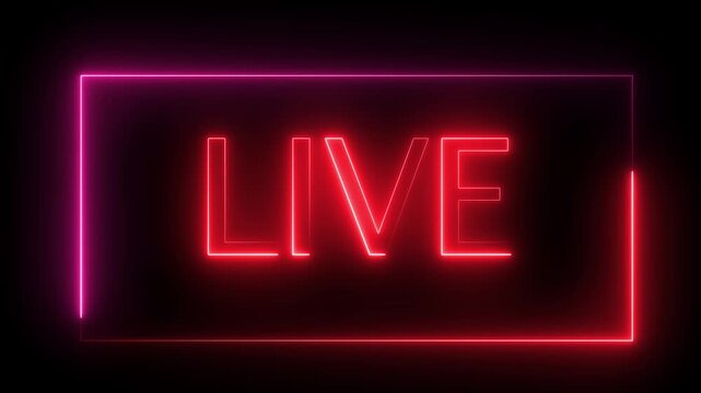 Glowing neon LIVE text animation for video streaming and broadcast on black background