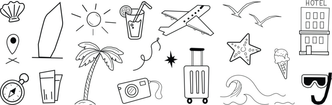 Summer beach icon element set. Hand drawn summer vacation doodle icons set with sun ice cream palm trees. with sun, sea, travel vacation holiday trip. Cute beach icon elements with sunglasses. Funny t