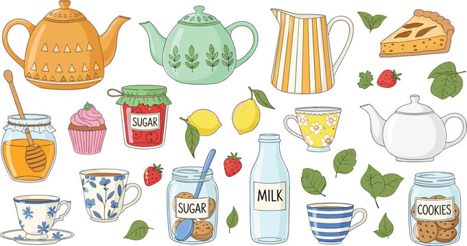 Tea Time and Kitchen Essentials Vector Illustration Set Featuring Teapots, Cups, Jars, Cake, Cookies, Honey, and Fresh Ingredients for Home and Dining Design.