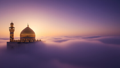 Obraz premium Golden dome mosque rising from clouds at sunrise with a stunning purple sky and serene atmosphere