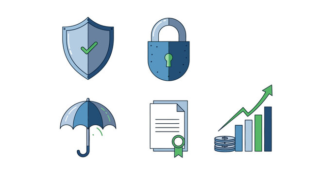 Isolated on white, a flat lay presents an arrangement of financial icons, including a shield with a checkmark, a padlock, an umbrella, a document, and a bar graph with a rising arrow