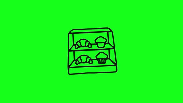 Drawn Bakery Display Case with Croissants and Muffins on Green Screen
