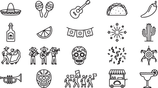 Cinco de Mayo Mexican icon set vector with sombrero maracas guitar taco tequila skull festive outline symbols collection design