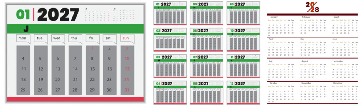 Vector 2027 English calendar. Fully editable vector English calendar for the year of 2027, 2028 and week start from Monday