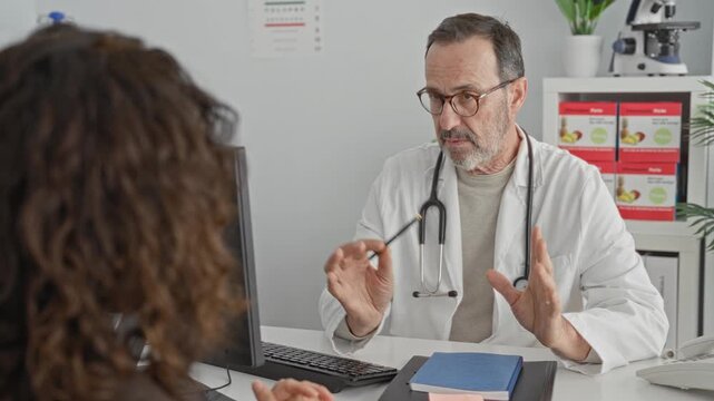 Middle aged man doctor with stethoscope holds pen and gestures while consulting patient at desk with computer and medical chart in clinic building; reassurance.