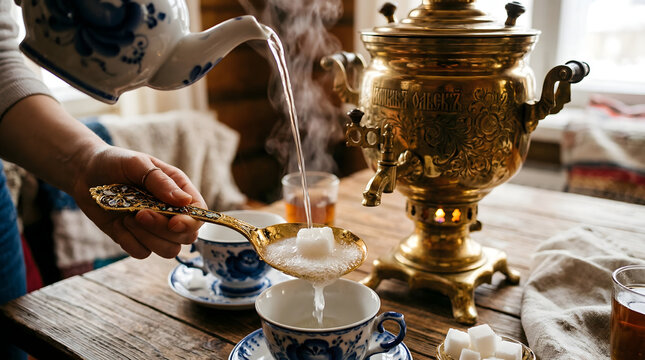 Woman adding sugar to traditional samovar tea