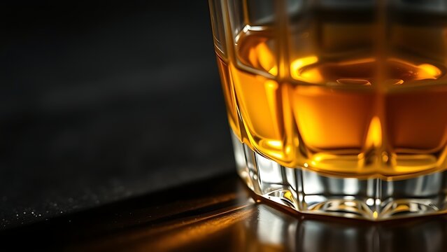 schnapps. Golden schnapps liquid in a crystal glass, light refraction on a dark surface, minimalist style. bar promotions, beverage menus, designed for product packaging and bar promotions.