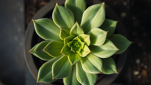 goral. A succulent plant with a central stem and eight plump leaves, top-down view. gardening catalogs, home-decor guides, designed for home decor and floral branding, used by performance marketers.