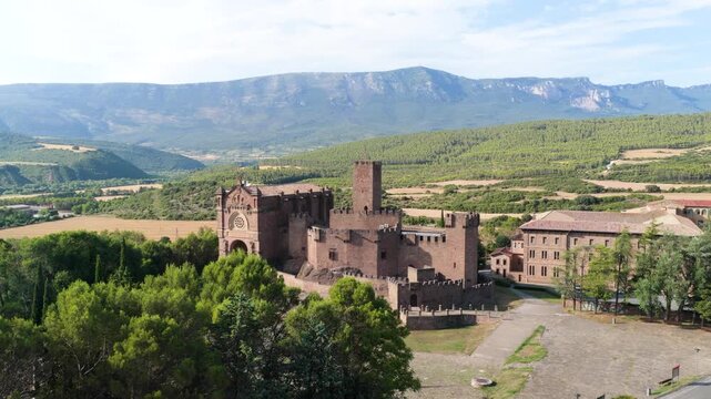 Drone footage slowly approaching the medieval javier castle. Famous landmark and tourist destination located in the province of navarre, spain