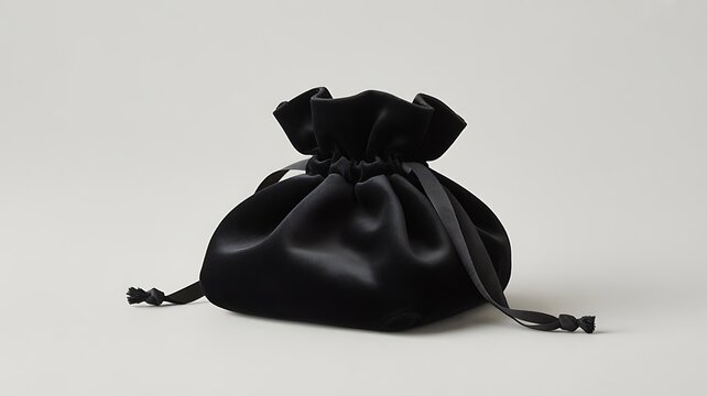 Blank black velvet jewelry pouch mockup with drawstring open 