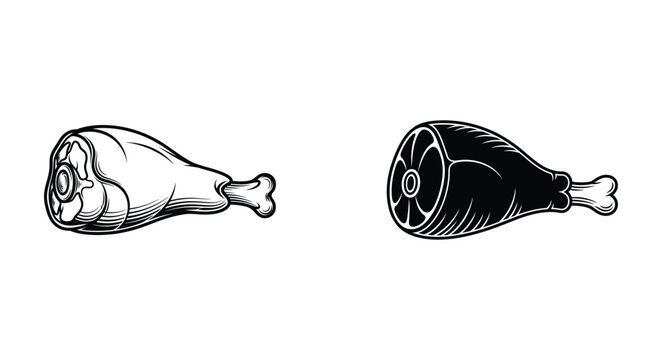 Outlined monochrome pork knuckle meat piece and dark solid color ham leg, butchery theme restaurant emblem design elements.