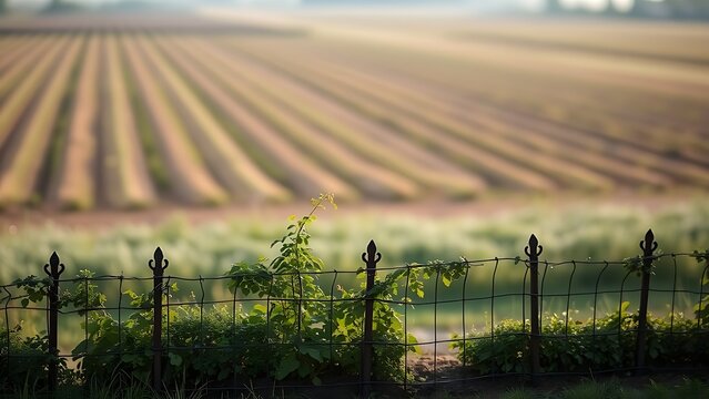 tended. Vine-covered fence separating a small tended garden from a vast unknown field in morning light. travel magazines, destination branding, designed for outdoor magazines and nature guides.