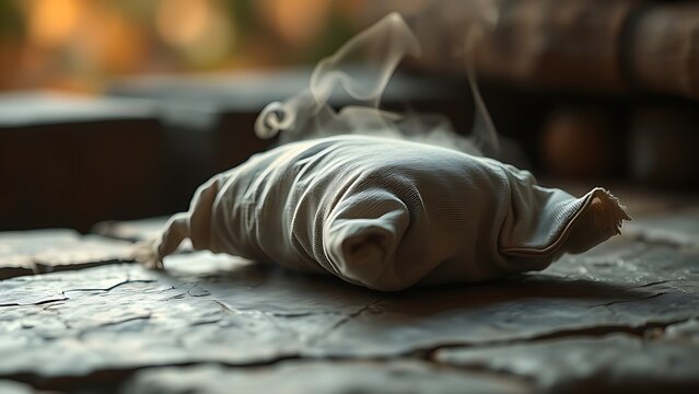 poultice. Subtle steam rising from a cloth-wrapped poultice on a stone surface. gardening catalogs, home-decor guides, designed for home decor and floral branding, used by video editors.