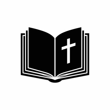 open bible with cross symbol on black background minimalist design