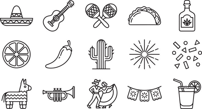 Mexican culture icon set with fiesta food drink music symbols editable stroke outline vector collection for festive celebration design