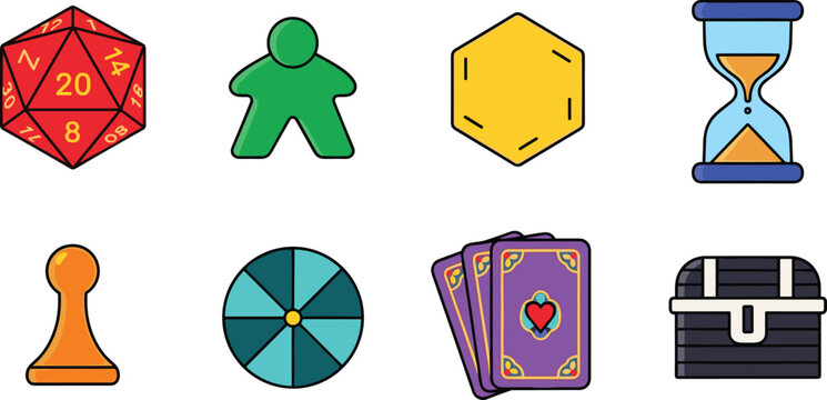 Board Game and Gaming Icon Set Featuring Dice, Pawns, Cards, Hourglass, Spinner, and Treasure Chest for Games, Entertainment, and Hobby Websites, Apps, and Digital Media Designs