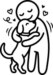 Naklejka premium Cartoon person hugging dog with hearts around them smiling