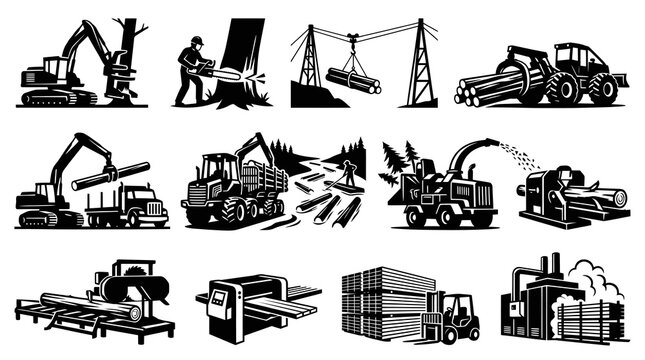 Logging and Wood Industry Icons: Machinery, Tools, and Processes
