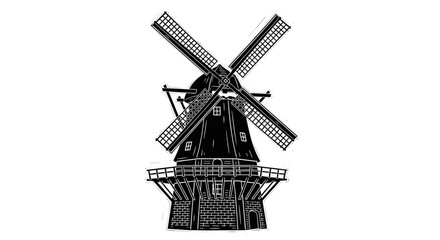 Obraz premium Vintage engraved windmill illustration isolated in black and white style