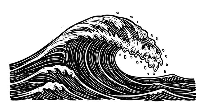Vintage engraved ocean wave black and white illustration